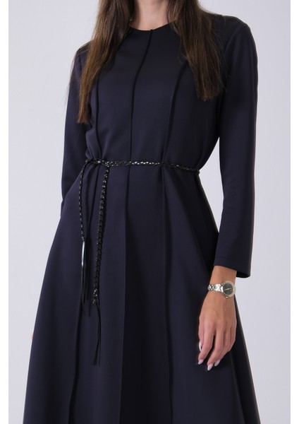 Lacivert Bisiklet Yaka Önü Pile Detaylı Beli Kemerli Elbise 4593453.02