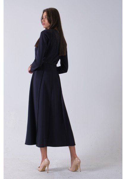 Lacivert Bisiklet Yaka Önü Pile Detaylı Beli Kemerli Elbise 4593453.02