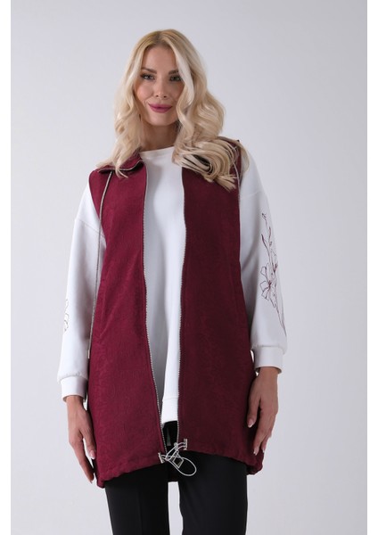 Bordo Tunik Kolu Çiçek Desenli Yelekli 2'li Takım 940120274.04