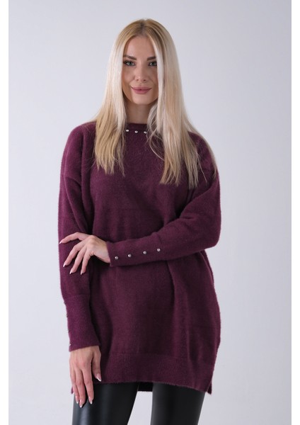 Mürdüm Yaka ve Kolları Taş Detaylı Bisiklet Yaka Kazak 44530206.21