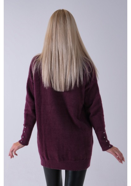 Mürdüm Yaka ve Kolları Taş Detaylı Bisiklet Yaka Kazak 44530206.21 fırsatları