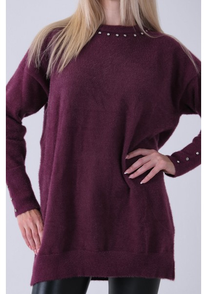 Mürdüm Yaka ve Kolları Taş Detaylı Bisiklet Yaka Kazak 44530206.21