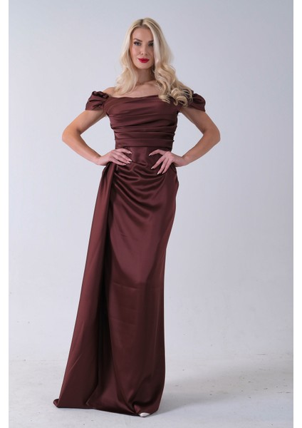 Kahve Drape Detaylı Saten Kumaş Abiye Elbise 9704858.05 fiyatları