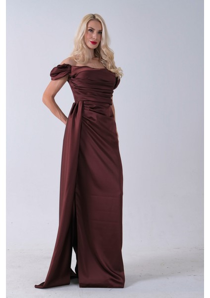Kahve Drape Detaylı Saten Kumaş Abiye Elbise 9704858.05 fırsatları