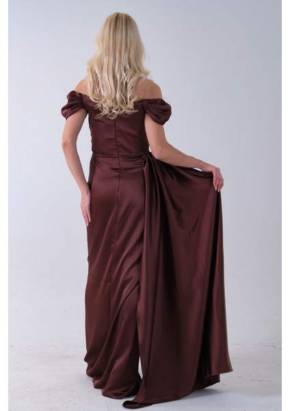 Kahve Drape Detaylı Saten Kumaş Abiye Elbise 9704858.05 indirimleri