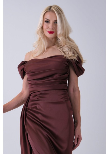 Kahve Drape Detaylı Saten Kumaş Abiye Elbise 9704858.05