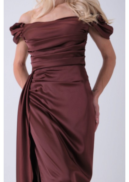Kahve Drape Detaylı Saten Kumaş Abiye Elbise 9704858.05