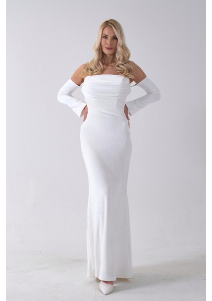 Beyaz Drapeli Takma Kol Detaylı Kadife Abiye 0801068.15 fiyatları