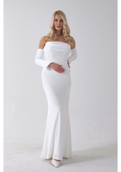 Beyaz Drapeli Takma Kol Detaylı Kadife Abiye 0801068.15 modelleri