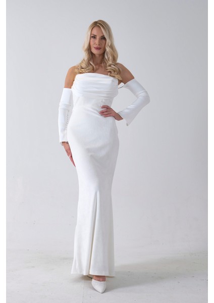 Beyaz Drapeli Takma Kol Detaylı Kadife Abiye 0801068.15 fırsatları