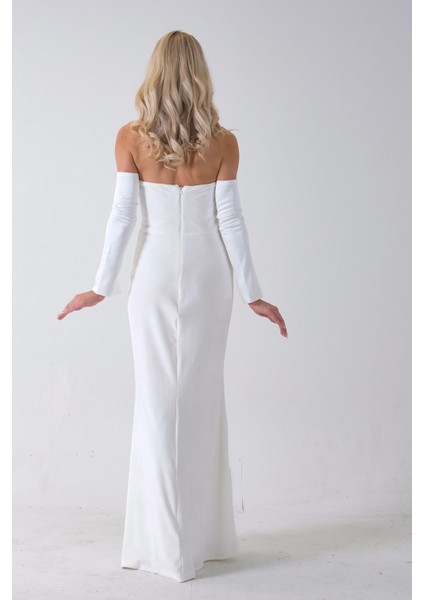 Beyaz Drapeli Takma Kol Detaylı Kadife Abiye 0801068.15