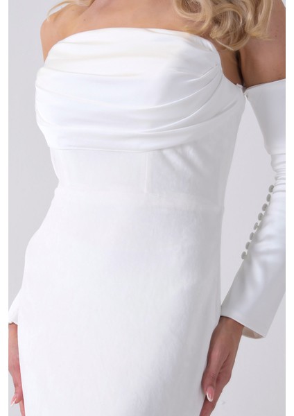 Beyaz Drapeli Takma Kol Detaylı Kadife Abiye 0801068.15