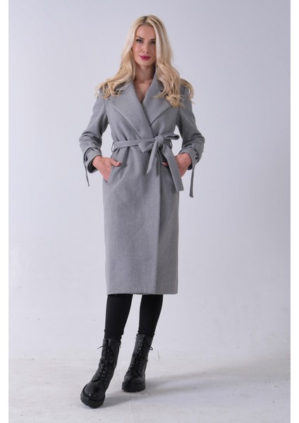 Gri Kol Bağlamalı Seyyar Kuşaklı Uzun Kaşe Kaban 41630051.06