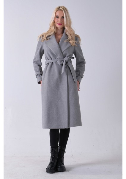 Gri Kol Bağlamalı Seyyar Kuşaklı Uzun Kaşe Kaban 41630051.06