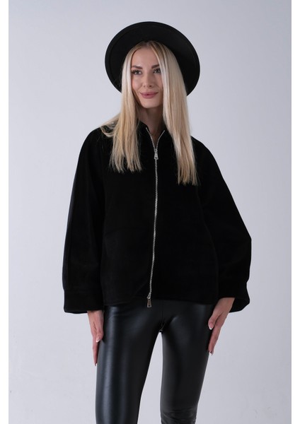 Siyah Ön Fermuarlı Yarasa Kol Detaylı Yün Kısa Ceket 3971215.01