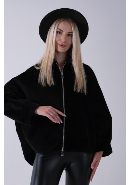 Siyah Ön Fermuarlı Yarasa Kol Detaylı Yün Kısa Ceket 3971215.01 fiyatları