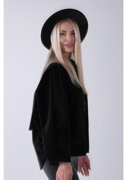 Siyah Ön Fermuarlı Yarasa Kol Detaylı Yün Kısa Ceket 3971215.01 fırsatları