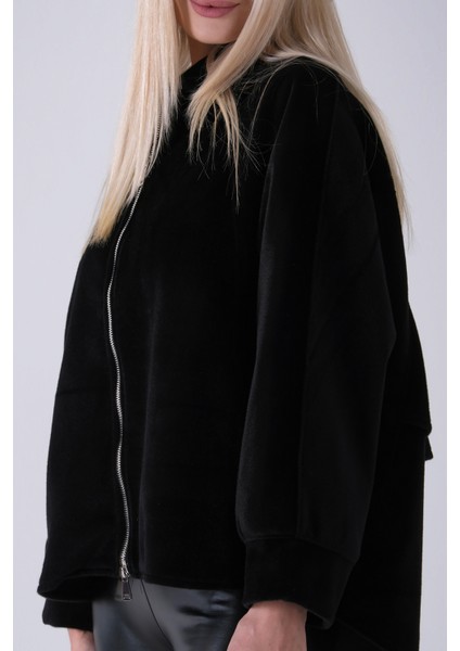 Siyah Ön Fermuarlı Yarasa Kol Detaylı Yün Kısa Ceket 3971215.01