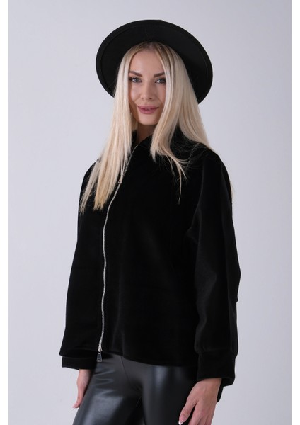 Siyah Ön Fermuarlı Yarasa Kol Detaylı Yün Kısa Ceket 3971215.01