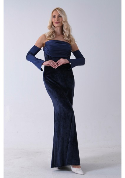 Lacivert Drapeli Takma Kol Detaylı Kadife Abiye 0801068.02 fiyatları