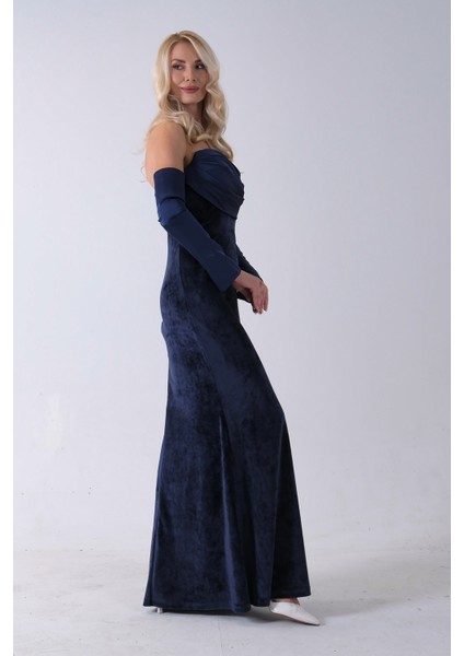 Lacivert Drapeli Takma Kol Detaylı Kadife Abiye 0801068.02 modelleri