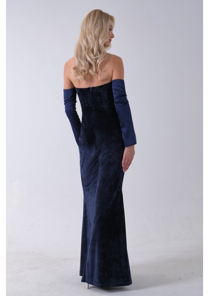 Lacivert Drapeli Takma Kol Detaylı Kadife Abiye 0801068.02 fırsatları