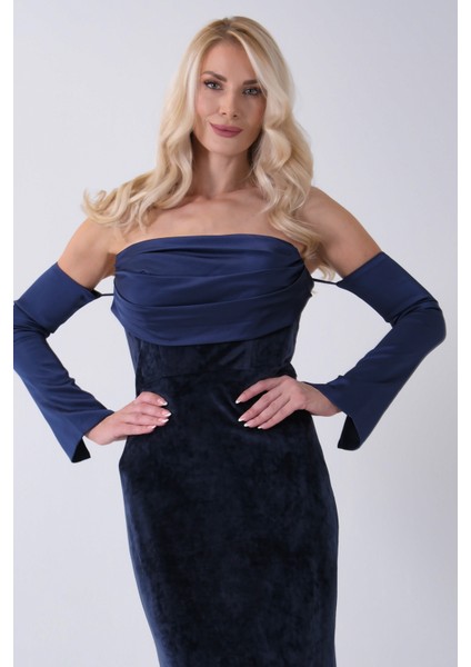 Lacivert Drapeli Takma Kol Detaylı Kadife Abiye 0801068.02