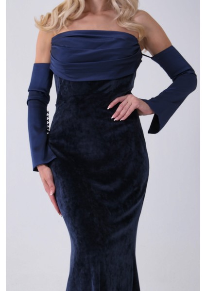 Lacivert Drapeli Takma Kol Detaylı Kadife Abiye 0801068.02