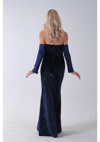 Lacivert Drapeli Takma Kol Detaylı Kadife Abiye 0801068.02