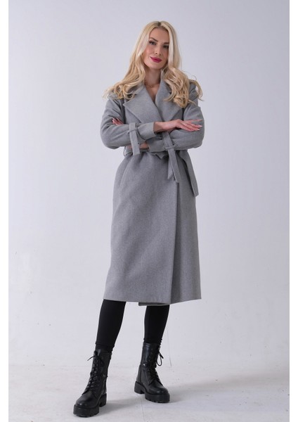 Gri Kol Bağlamalı Seyyar Kuşaklı Uzun Kaşe Kaban 41630051.06