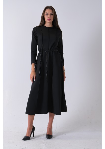Siyah Bisiklet Yaka Önü Pile Detaylı Beli Kemerli Elbise 4593453.01 fiyatları