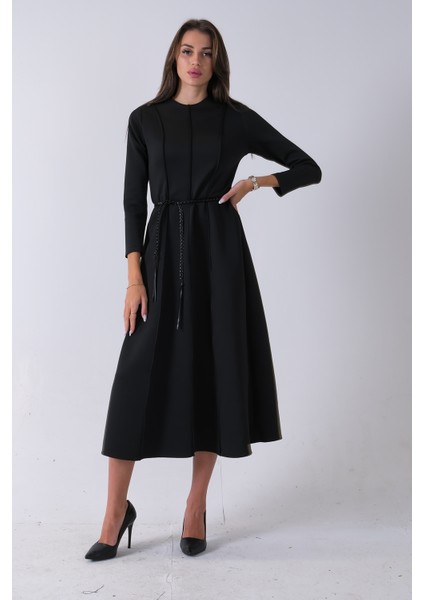 Siyah Bisiklet Yaka Önü Pile Detaylı Beli Kemerli Elbise 4593453.01 modelleri