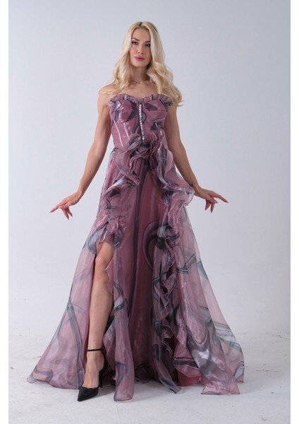 Pudra Straplez Yaka Önü Düğme Detaylı Desenli Fırfırlı Abiye 9705680.79