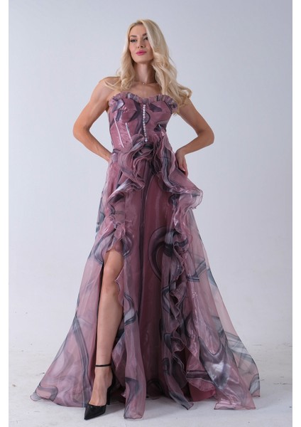 Pudra Straplez Yaka Önü Düğme Detaylı Desenli Fırfırlı Abiye 9705680.79 fiyatları