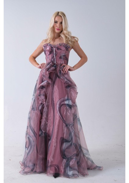 Pudra Straplez Yaka Önü Düğme Detaylı Desenli Fırfırlı Abiye 9705680.79 modelleri