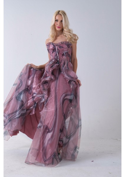 Pudra Straplez Yaka Önü Düğme Detaylı Desenli Fırfırlı Abiye 9705680.79 fırsatları