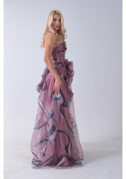 Pudra Straplez Yaka Önü Düğme Detaylı Desenli Fırfırlı Abiye 9705680.79 indirimleri