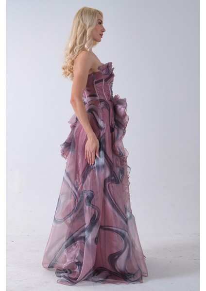 Pudra Straplez Yaka Önü Düğme Detaylı Desenli Fırfırlı Abiye 9705680.79