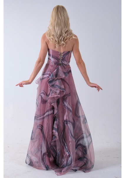 Pudra Straplez Yaka Önü Düğme Detaylı Desenli Fırfırlı Abiye 9705680.79