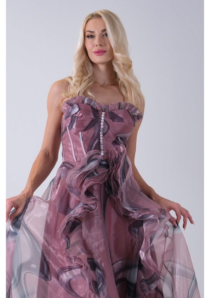 Pudra Straplez Yaka Önü Düğme Detaylı Desenli Fırfırlı Abiye 9705680.79