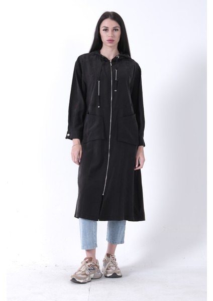 Siyah Çift Cep Detaylı Fermuar Kapamalı Kapüşonlu Kap 44510684.01