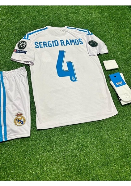 #4 Sergio Ramos Real Madrid 2018 Finali Çocuk Forması Şort Çorap Bileklik 4'lü Set fırsatları