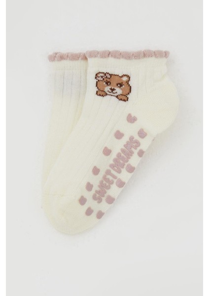 Kız Çocuk Patik Çorap Abs Li Sevimli Ayıcık Baskılı 1-6 Yaş, Krem