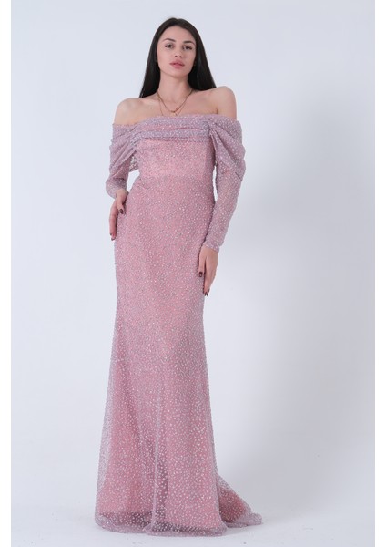 Pudra Kayık Yaka Simli Uzun Kol Abiye 9705266.79 modelleri