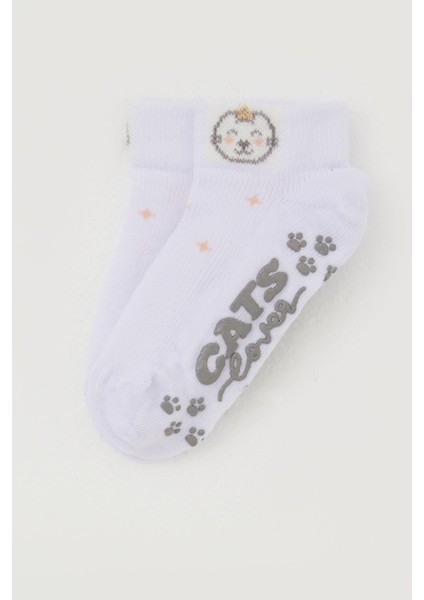 Kız Çocuk Çorap Abs Li Sevimli Ayıcık Baskılı 1-6 Yaş, Beyaz