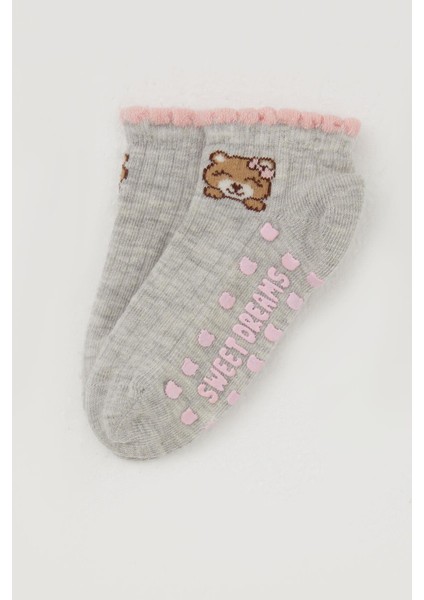 Kız Çocuk Patik Çorap Abs Li Sevimli Ayıcık Baskılı 1-6 Yaş, Açık Gri Melanj
