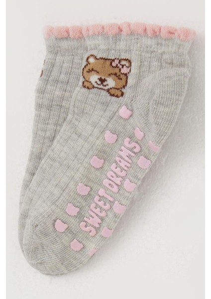 Kız Çocuk Patik Çorap Abs Li Sevimli Ayıcık Baskılı 1-6 Yaş, Açık Gri Melanj modelleri