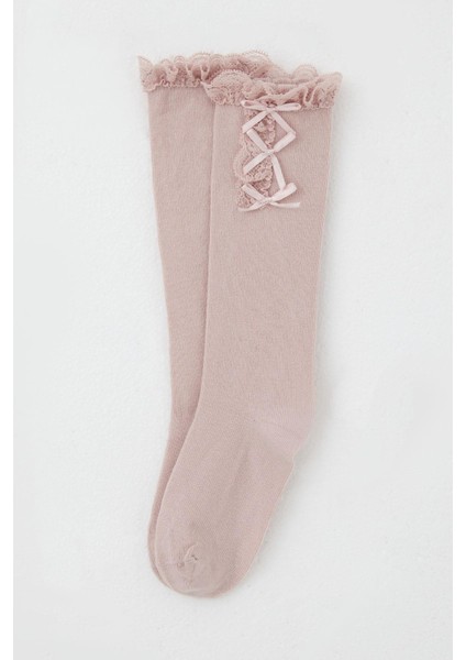 Kız Çocuk Golf Çorap Fiyonk Aksesuarlı Dantelli 1-8 Yaş, Gülkurusu