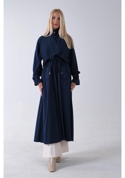 Lacivert Belden Bağlama Detaylı Yandan Cepli Uzun Trenç 422237.02