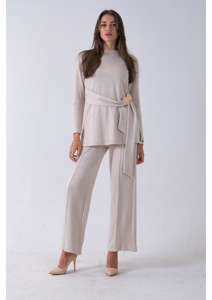 Ekru Altın Toka Detaylı Pantolonlu Takım 4577282.147